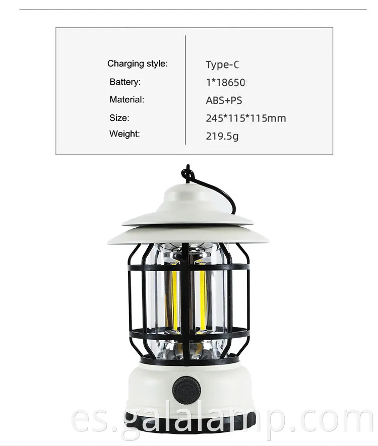 Linterna LED portátil para acampar con diseño retro y batería recargable